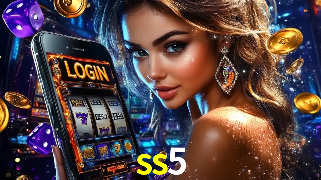 Mulher glamorosa segurando um smartphone com a tela de login para os jogos de caça-níqueis do cassino online ss5, com moedas de ouro e dados ao redor.
