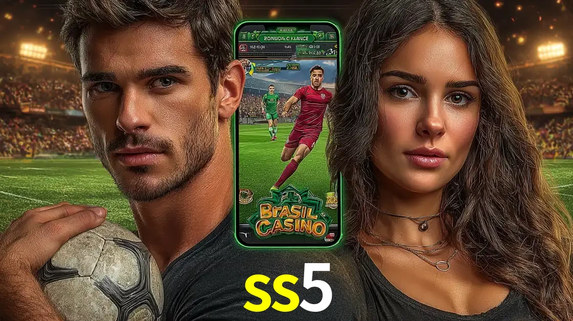 Homem segurando uma bola de futebol e uma mulher ao lado de um smartphone exibindo o jogo de apostas esportivas da ss5. Faça seu palpite no cassino online.